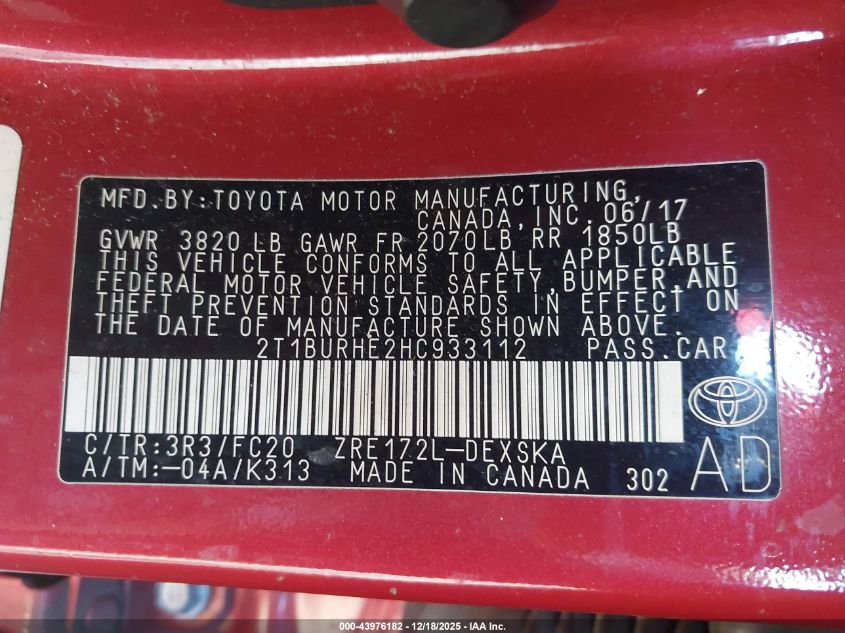 2017 Toyota Corolla Se VIN: 2T1BURHE2HC933112 Lot: 43976182