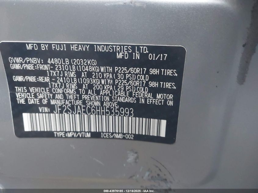 2017 Subaru Forester 2.5I Premium VIN: JF2SJAEC6HH535993 Lot: 43976185