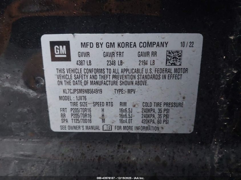 2022 Chevrolet Trax Awd Lt VIN: KL7CJPSM9NB564919 Lot: 43976187