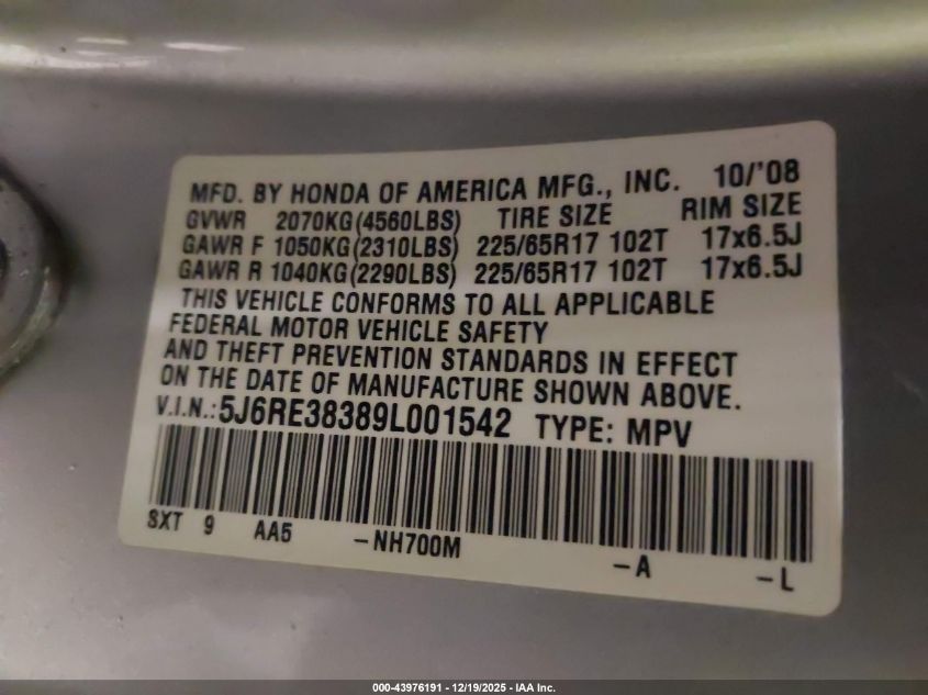2009 Honda Cr-V Lx VIN: 5J6RE38389L001542 Lot: 43976191