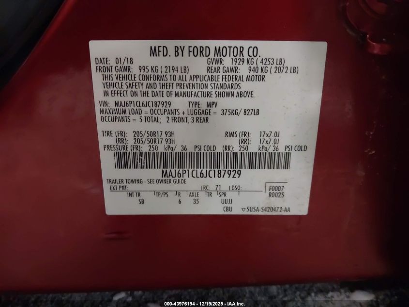 2018 Ford Ecosport Ses VIN: MAJ6P1CL6JC187929 Lot: 43976194