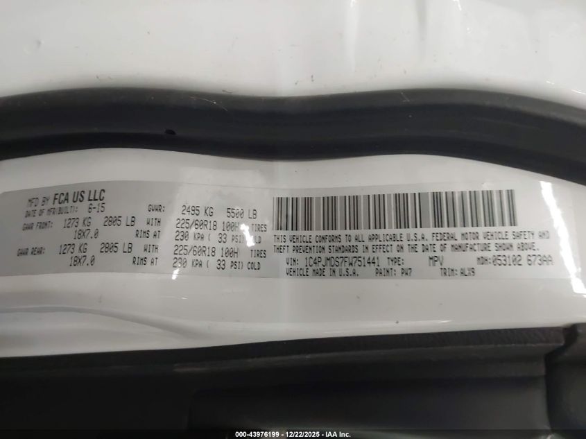 2015 Jeep Cherokee Limited VIN: 1C4PJMDS7FW751441 Lot: 43976199