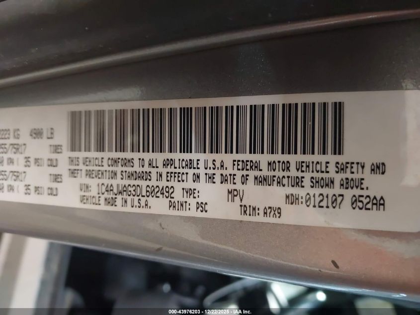 2013 Jeep Wrangler Sport VIN: 1C4AJWAG3DL602492 Lot: 43976203