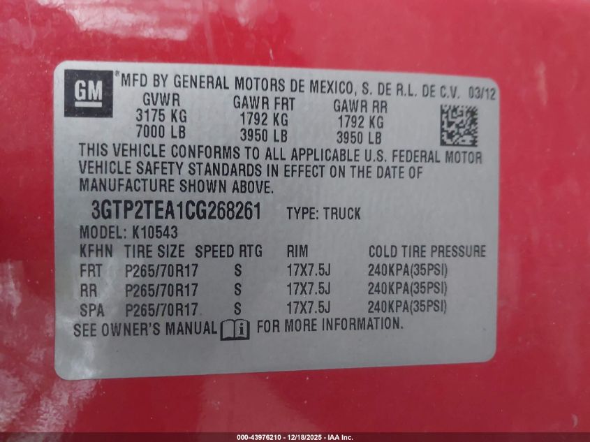 2012 GMC Sierra 1500 Work Truck VIN: 3GTP2TEA1CG268261 Lot: 43976210