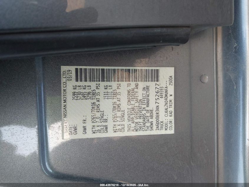 2019 Nissan Frontier Sv VIN: 1N6DD0ER3KN752677 Lot: 43976216