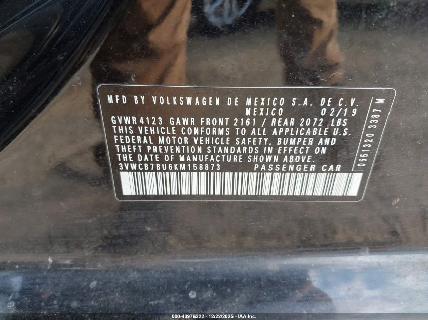 2019 Volkswagen Jetta 1.4T R-Line/1.4T S/1.4T Se VIN: 3VWCB7BU6KM158873 Lot: 43976222
