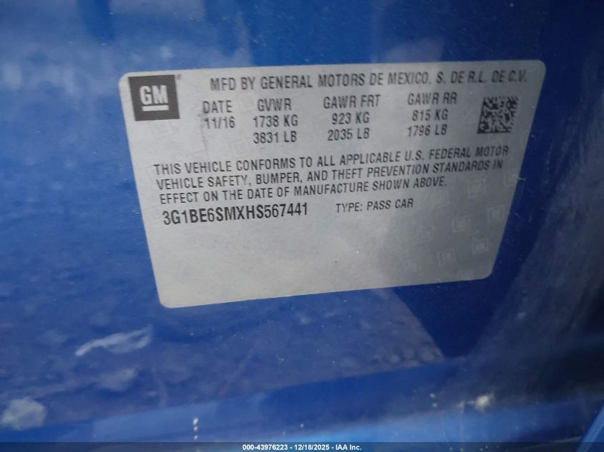 2017 Chevrolet Cruze Lt Auto VIN: 3G1BE6SMXHS567441 Lot: 43976223