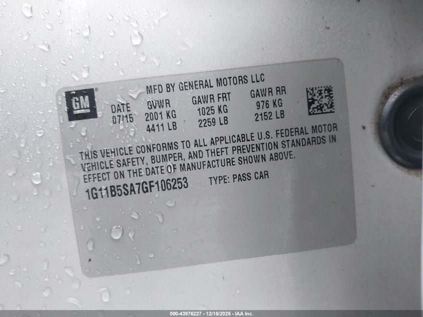 2016 Chevrolet Malibu Limited Ls VIN: 1G11B5SA7GF106253 Lot: 43976227