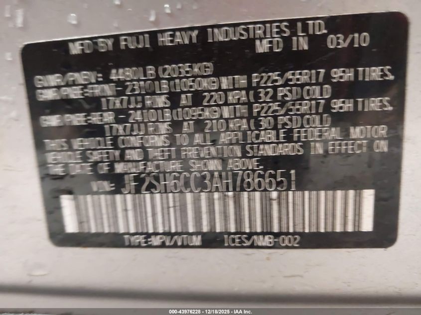 2010 Subaru Forester 2.5X Premium VIN: JF2SH6CC3AH786651 Lot: 43976228