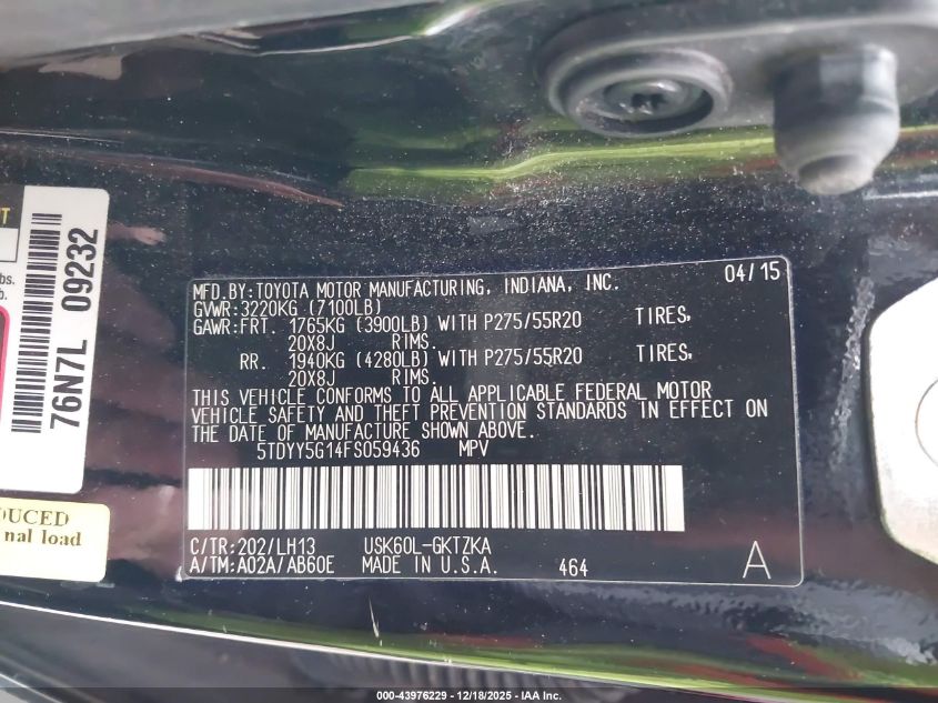 2015 Toyota Sequoia Platinum 5.7L V8 VIN: 5TDYY5G14FS059436 Lot: 43976229