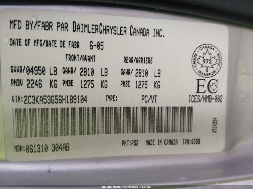 2006 Chrysler 300 VIN: 2C3KA53G56H189104 Lot: 43976230