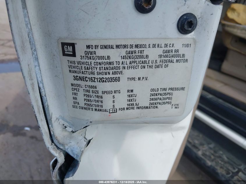 2002 Chevrolet Suburban 1500 Lt VIN: 3GNEC16Z12G203560 Lot: 43976231