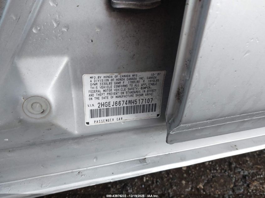 1998 Honda Civic Lx VIN: 2HGEJ6674WH517107 Lot: 43976233