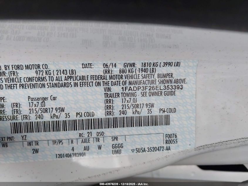 2014 Ford Focus Se VIN: 1FADP3F26EL353393 Lot: 43976239