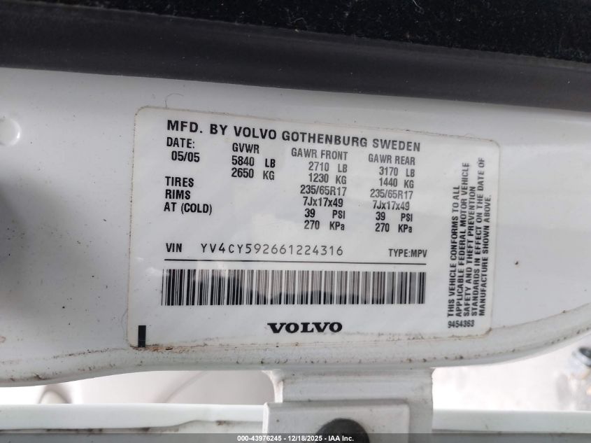 2006 Volvo Xc90 2.5T VIN: YV4CY592661224316 Lot: 43976245