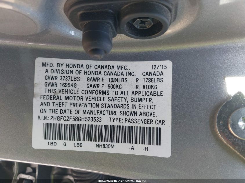 2016 Honda Civic Lx VIN: 2HGFC2F58GH523533 Lot: 43976246