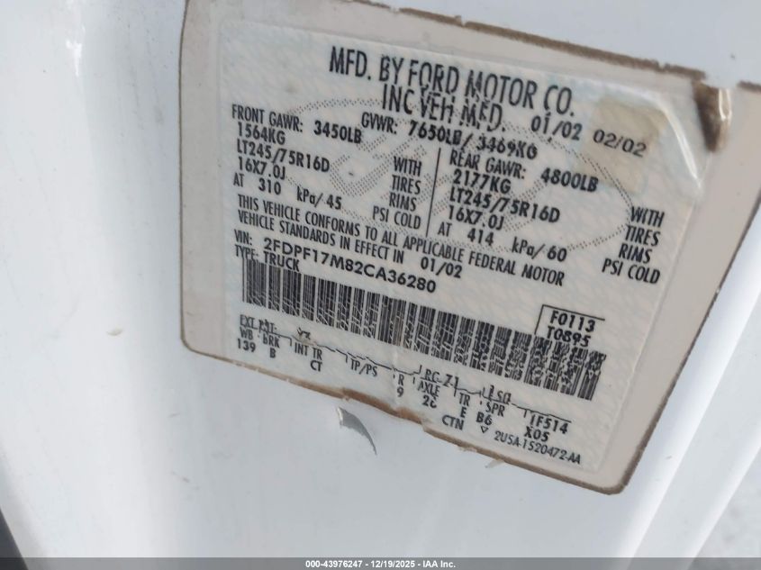 2002 Ford F-150 Xl VIN: 2FDPF17M82CA36280 Lot: 43976247