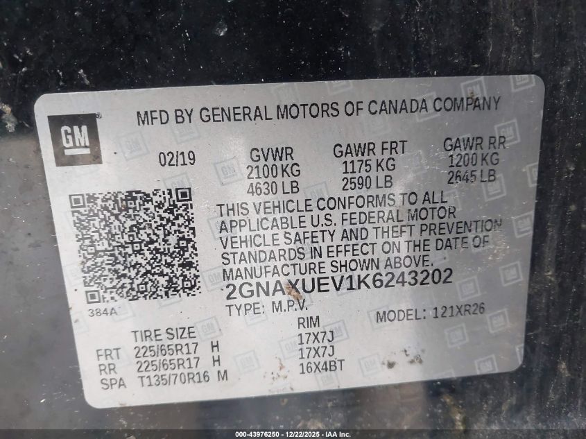 2019 Chevrolet Equinox Lt VIN: 2GNAXUEV1K6243202 Lot: 43976250