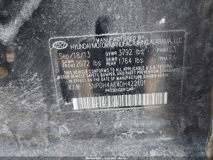 2013 Hyundai Elantra Gls VIN: 5NPDH4AE4DH422101 Lot: 43976251