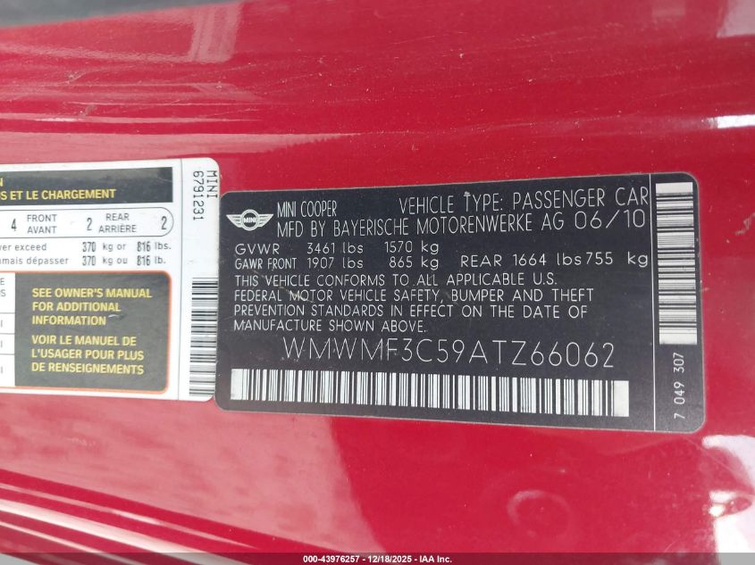 2010 Mini Cooper VIN: WMWMF3C59ATZ66062 Lot: 43976257