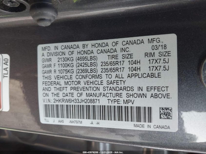 2018 Honda Cr-V Lx VIN: 2HKRW6H33JH208871 Lot: 43976258