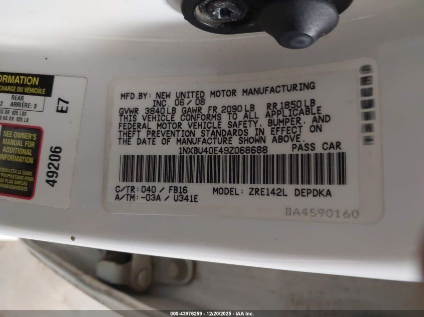 2009 Toyota Corolla Le/S/Xle VIN: 1NXBU40E492068688 Lot: 43976259