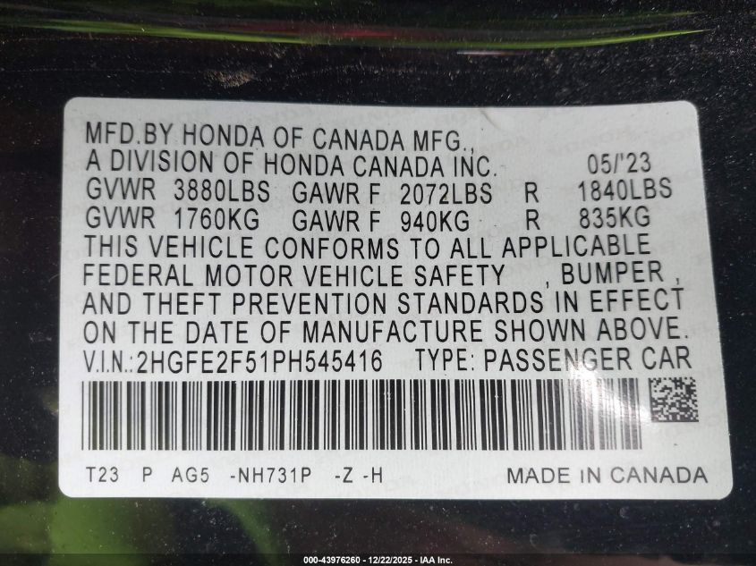 2023 Honda Civic Sport VIN: 2HGFE2F51PH545416 Lot: 43976260