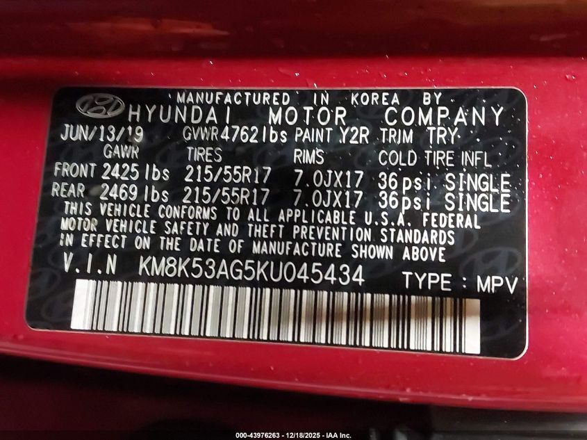 2019 Hyundai Kona Ev Ultimate VIN: KM8K53AG5KU045434 Lot: 43976263