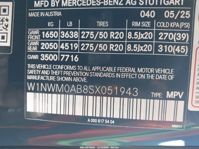 2025 Mercedes-Benz G 580E VIN: W1NWM0AB8SX051943 Lot: 43976265