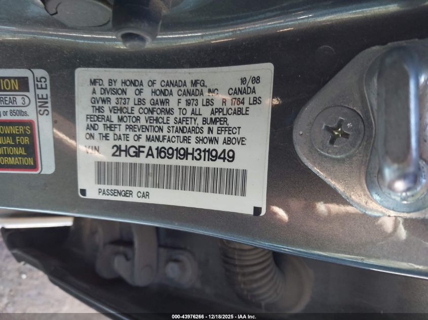 2009 Honda Civic Ex-L VIN: 2HGFA16919H311949 Lot: 43976266