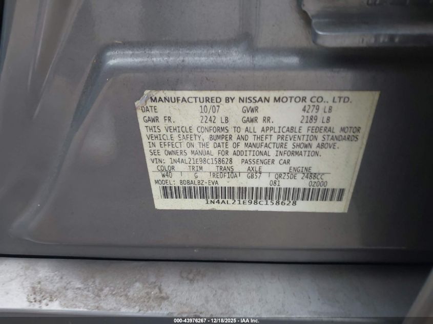 2008 Nissan Altima 2.5 S VIN: 1N4AL21E98C158628 Lot: 43976267