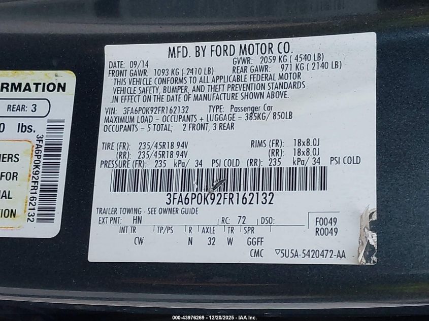 2015 Ford Fusion Titanium VIN: 3FA6P0K92FR162132 Lot: 43976269