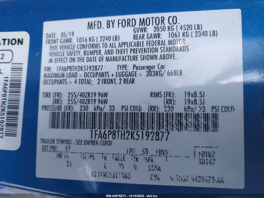 2019 Ford Mustang Ecoboost VIN: 1FA6P8TH2K5192877 Lot: 43976273