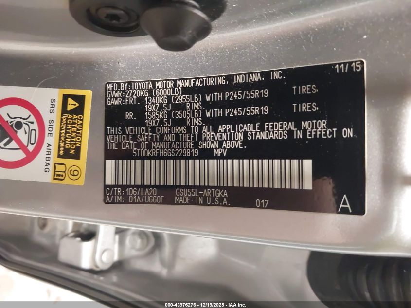 2016 Toyota Highlander Limited V6 VIN: 5TDDKRFH6GS229819 Lot: 43976276