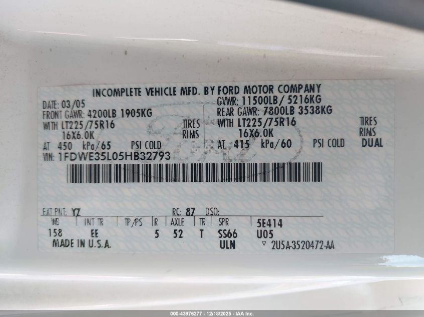 2005 Ford E-350 Cutaway Standard VIN: 1FDWE35L05HB32793 Lot: 43976277