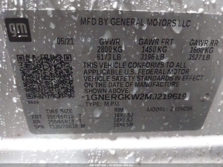 2021 Chevrolet Traverse Fwd Lt Cloth VIN: 1GNERGKW2MJ219619 Lot: 43976280