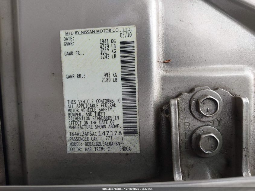2010 Nissan Altima 2.5 S VIN: 1N4AL2AP5AC147178 Lot: 43976284
