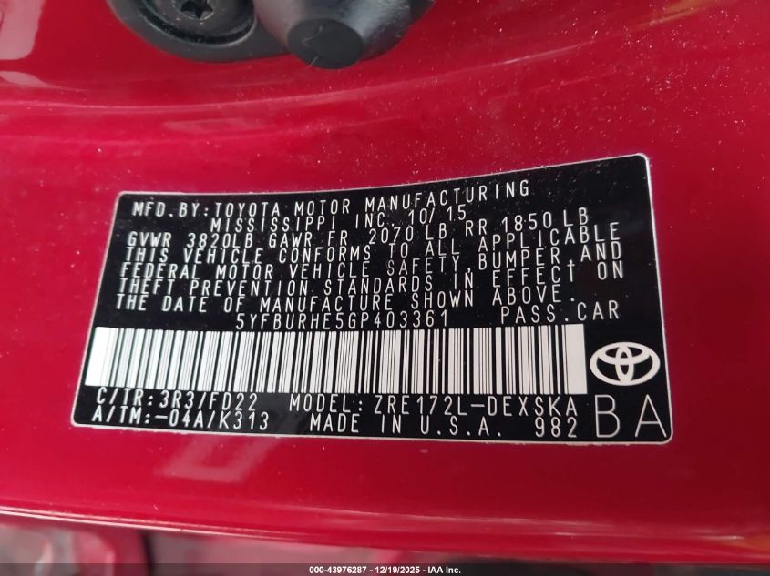 2016 Toyota Corolla S VIN: 5YFBURHE5GP403361 Lot: 43976287