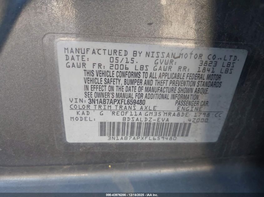 2015 Nissan Sentra Fe+ S/S/Sl/Sr/Sv VIN: 3N1AB7APXFL659480 Lot: 43976286