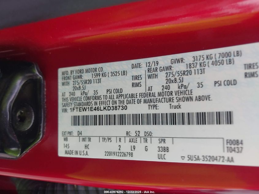 2020 Ford F-150 Lariat VIN: 1FTEW1E46LKD38730 Lot: 43976292