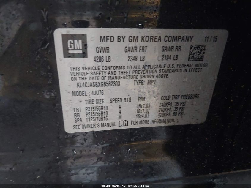 2016 Buick Encore VIN: KL4CJASBXGB562303 Lot: 43976293