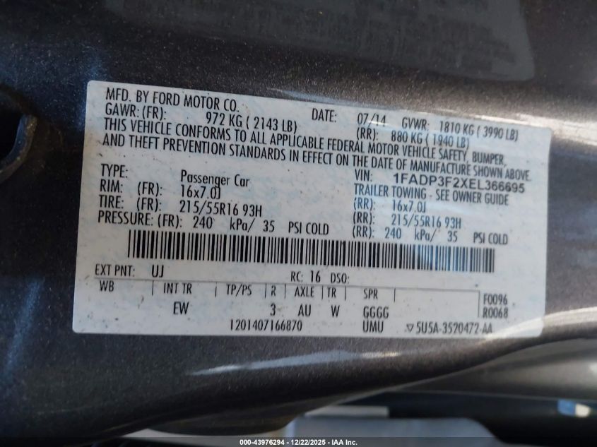 2014 Ford Focus Se VIN: 1FADP3F2XEL366695 Lot: 43976294