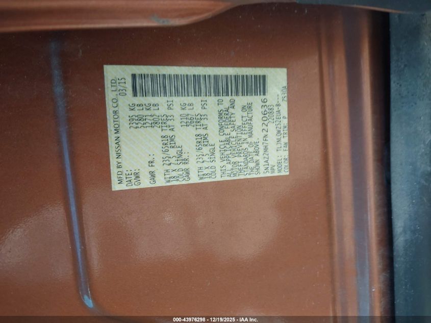 2015 Nissan Murano Sv VIN: 5N1AZ2MH7FN220636 Lot: 43976298