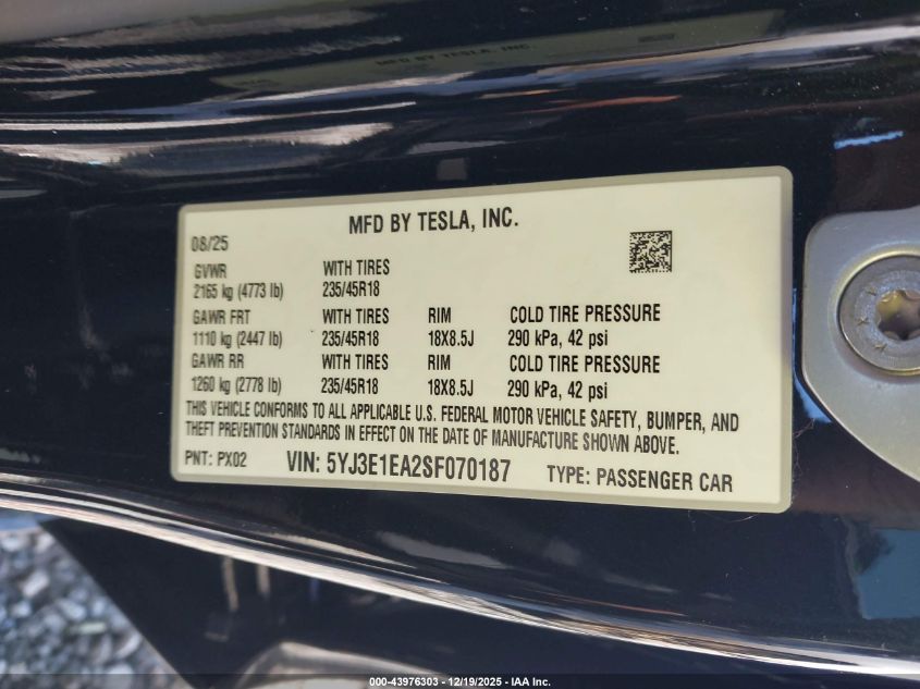 2025 Tesla Model 3 Long Range Rear-Wheel Drive/Standard Rear-Wheel Drive VIN: 5YJ3E1EA2SF070187 Lot: 43976303