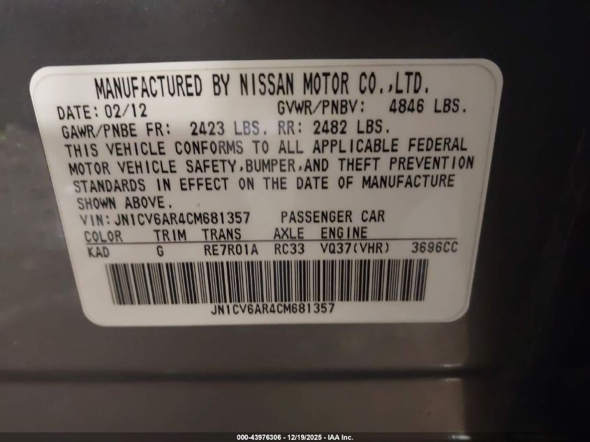 2012 Infiniti G37X VIN: JN1CV6AR4CM681357 Lot: 43976306