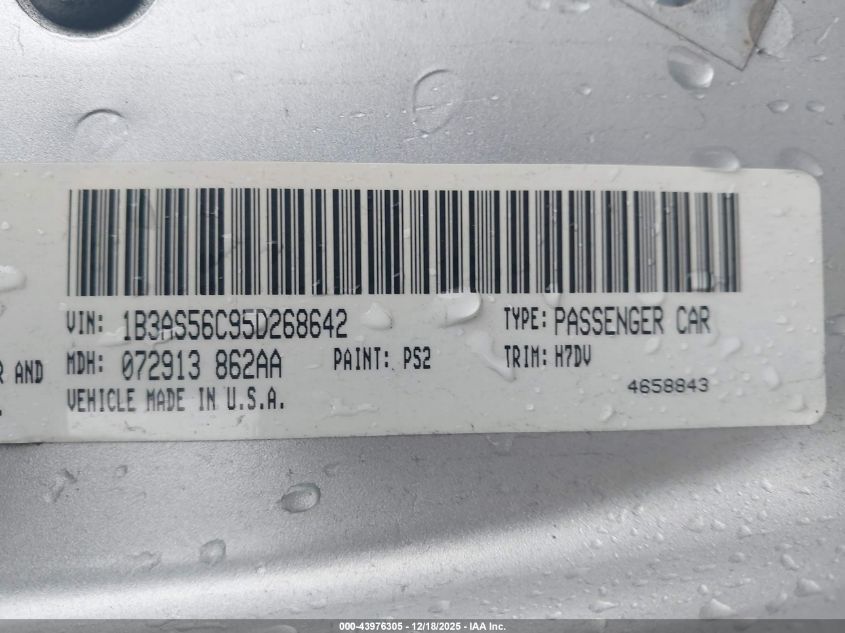 2005 Dodge Neon Sxt VIN: 1B3AS56C95D268642 Lot: 43976305