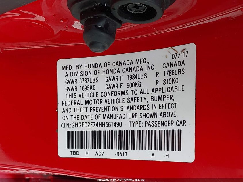 2017 Honda Civic Ex VIN: 2HGFC2F74HH561490 Lot: 43976312