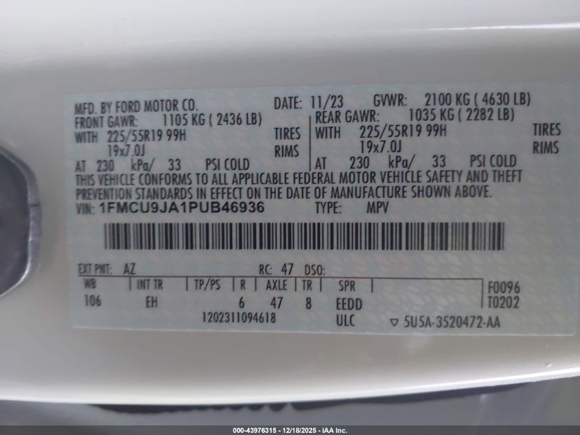 2023 Ford Escape Platinum VIN: 1FMCU9JA1PUB46936 Lot: 43976315