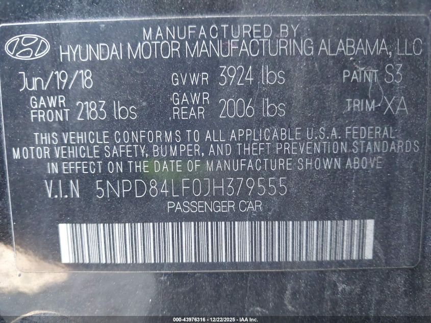 2018 Hyundai Elantra Sel VIN: 5NPD84LF0JH379555 Lot: 43976316