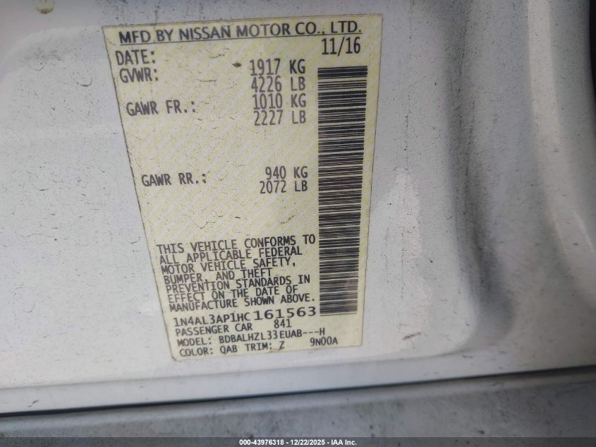 2017 Nissan Altima 2.5 Sr VIN: 1N4AL3AP1HC161563 Lot: 43976318